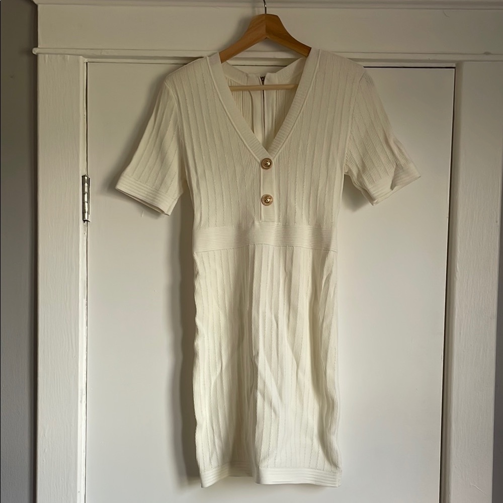 Cream Ribbed Buttoned Sheath Mini Dress